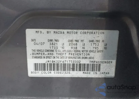 2007 Mazda Mazda3 I from USA, damaged, VIN JM1BK32F671753302
